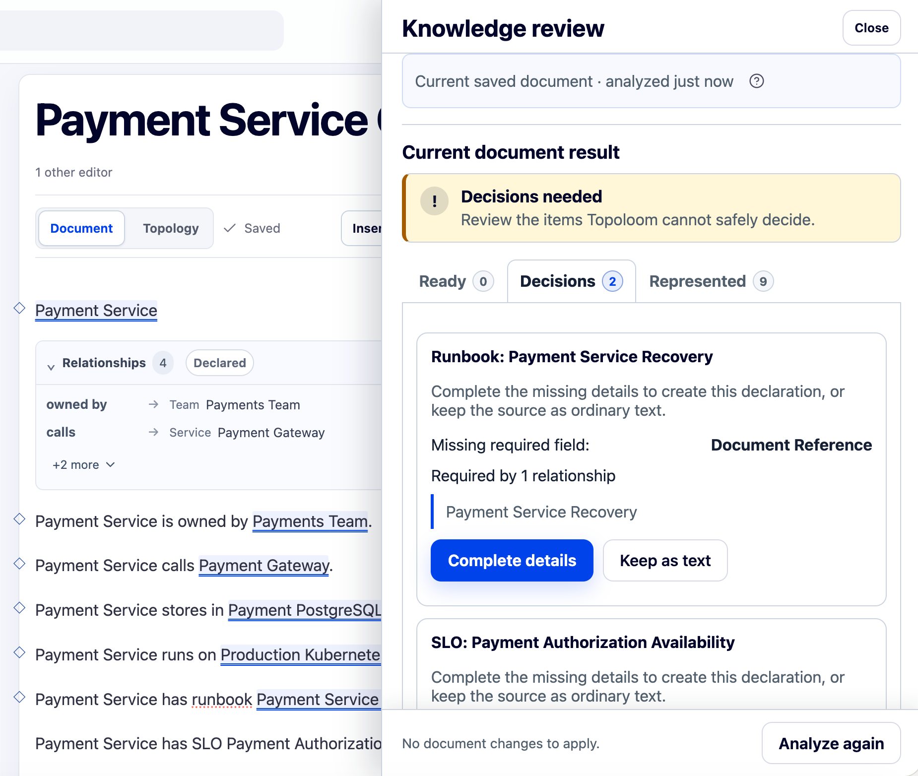Knowledge Review with Ready 0, Decisions 2 and Represented 9; a Runbook needs a Document Reference, with Complete details and Keep as text controls